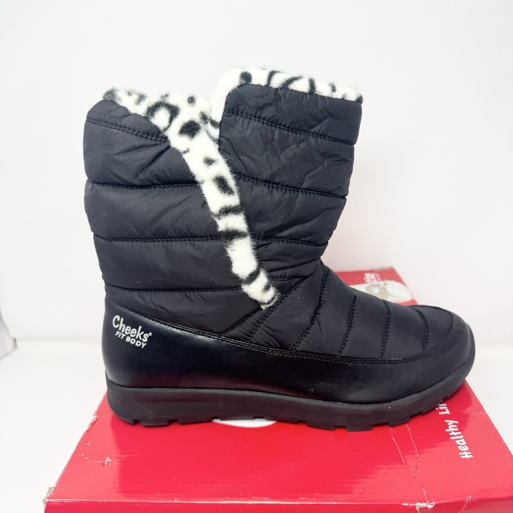 NIB Cheeks Tony Little Puffer Boot Womens 10W Wide Black Leopard NEW